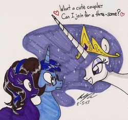 Size: 1106x1041 | Tagged: safe, artist:newyorkx3, princess celestia, oc, oc:gem, princess molestia, g4, blushing, glasses, heart, john joseco, memj0123, traditional art