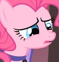 Size: 338x359 | Tagged: safe, screencap, pinkie pie, earth pony, pony, g4, over a barrel, bust, choker, cropped, female, mare, portrait, reaction image, sad, saloon dress, saloon pinkie, solo