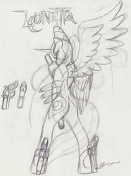 Size: 557x750 | Tagged: safe, artist:lunarlight-prism, princess luna, pony, g4, bayonetta, bipedal, crossover, female, monochrome, solo, traditional art