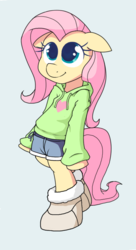 Size: 600x1100 | Tagged: safe, artist:apony, fluttershy, pony, g4, bipedal, boots, clothes, cute, female, hoodie, shorts, shyabetes, solo, standing