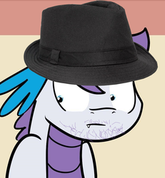 Size: 897x971 | Tagged: safe, oc, oc only, oc:gem, dracony, hybrid, fedora shaming, hat, interspecies offspring, my little pony genesis, neckbeard, offspring, parent:rarity, parent:spike, parents:sparity, solo, trilby