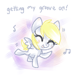 Size: 500x500 | Tagged: safe, artist:crayonderpy, derpy hooves, g4, cute, dancing, derpabetes, eyes closed, female, filly, music notes, raised hoof, raised leg, smiling, solo, tumblr, younger