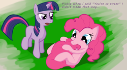 Size: 900x500 | Tagged: safe, artist:dazko, pinkie pie, twilight sparkle, g4, dialogue