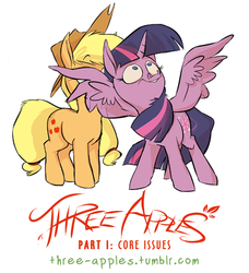 Size: 500x549 | Tagged: safe, artist:capnpea, applejack, twilight sparkle, alicorn, earth pony, pony, comic:three apples, g4, cover, duo, duo female, female, mare, simple background, twilight sparkle (alicorn), white background