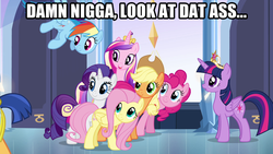 Size: 1920x1080 | Tagged: safe, applejack, flash sentry, fluttershy, pinkie pie, princess cadance, rainbow dash, rarity, twilight sparkle, equestria girls, g4, flash sentry gets all the mares, image macro, text, twilight sparkle (alicorn)