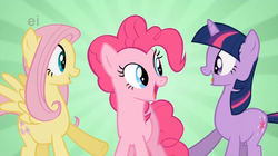 Size: 1280x716 | Tagged: safe, screencap, fluttershy, pinkie pie, twilight sparkle, g4, happy