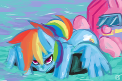 Size: 2100x1400 | Tagged: safe, artist:fauxsquared, pinkie pie, rainbow dash, pegasus, pony, g4, butt, butt touch, female, hoof on butt, mare, plot, swimming, water, wet mane