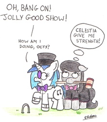 Size: 1294x1471 | Tagged: safe, artist:bobthedalek, dj pon-3, octavia melody, vinyl scratch, earth pony, pony, unicorn, g4, british, classy, clothes, croquet, croquet mallet, dress, duo, female, funny, hat, monocle, mouth hold, parody, thunderbirds, top hat, traditional art