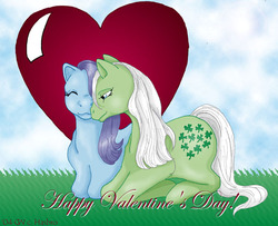 Size: 557x453 | Tagged: safe, artist:kashuarashi, blue belle, minty (g1), g1, female, heart, lesbian, shipping, valentine