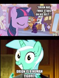 Size: 450x588 | Tagged: safe, edit, edited screencap, screencap, lyra heartstrings, rarity, twilight sparkle, human, g4, suited for success, art of the dress, centaurus, clothes, conspiracy theory, constellation, constellation dress, dress, giorgio a. tsoukalos, heartstrings, humie, image macro, messy mane, orion (constellation), sewing machine, stars