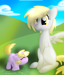 Size: 600x700 | Tagged: safe, artist:justagirlonline, derpy hooves, dinky hooves, pegasus, pony, g4, blushing, equestria's best mother, female, field, mare, smiling