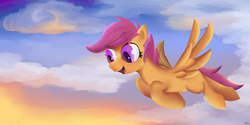 Size: 1000x500 | Tagged: safe, artist:mastercheefs, scootaloo, pegasus, pony, g4, cloud, cloudy, female, filly, flying, scootaloo can fly, solo