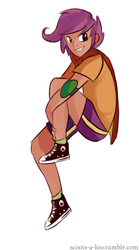 Size: 619x1111 | Tagged: safe, artist:mastercheefs, scootaloo, human, g4, cape, clothes, converse, elbow pads, female, humanized, shirt, shoes, shorts, sneakers, socks, solo, t-shirt