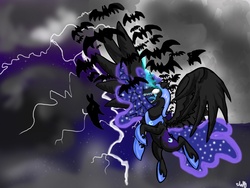 Size: 1200x900 | Tagged: safe, artist:izze-bee, nightmare moon, bat, g4, dark, female, magic, moon, solo