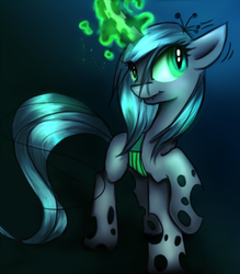 Size: 962x1100 | Tagged: safe, artist:kairaanix, queen chrysalis, changeling, changeling queen, g4, crown, female, glowing, glowing horn, horn, jewelry, regalia, solo