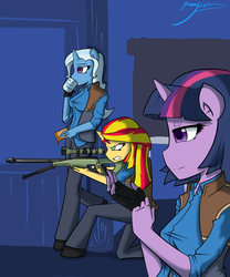 Size: 1500x1800 | Tagged: safe, artist:xonitum, sunset shimmer, trixie, twilight sparkle, unicorn, anthro, equestria girls, g4, counterparts, crossover, female, gun, horn, magical trio, mug, optical sight, peanut butter crackers, rifle, sniper, sniper (tf2), sniper rifle, team fortress 2, teeth, text, trio, twilight's counterparts, weapon