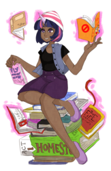 Size: 680x1040 | Tagged: safe, artist:ssenarrya, twilight sparkle, human, g4, avatar the last airbender, dark skin, female, homestuck, horn, horned humanization, humanized, naruto, panty and stocking with garterbelt, pokémon, reference, simple background, solo, tolkien, transparent background