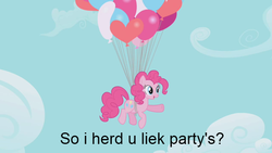 Size: 640x360 | Tagged: safe, edit, edited screencap, screencap, pinkie pie, g4, griffon the brush off, balloon, female, image macro, solo, text, then watch her balloons lift her up to the sky