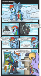 Size: 2596x4809 | Tagged: safe, artist:gray--day, cloud kicker, rainbow dash, thunderlane, pony, g4, 20% cooler, alternate hairstyle, angry, bipedal, blushing, clothes, comic, eyes closed, forecast, kill me, meteorologist, smiling, smirk, smug, starry eyes, suit, sweat, television, video camera, wingding eyes