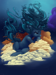 Size: 979x1294 | Tagged: safe, artist:verrmont, oc, oc only, oc:cimmerian, pony, unicorn, blank flank, cloud, cloud mane, cloudy, mane, night, solo, surreal