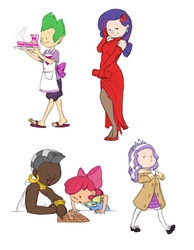 Size: 1055x1360 | Tagged: safe, artist:carnifex, apple bloom, diamond tiara, rarity, spike, zecora, g4, apron, clothes, coat, dress, humanized, map, pantyhose, simple background, white background