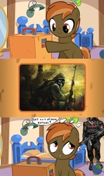Size: 640x1080 | Tagged: safe, button mash, earth pony, human, pony, g4, button's odd game, get out of here stalker, meme, s.t.a.l.k.e.r., video game