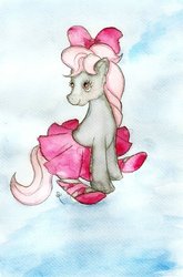 Size: 725x1101 | Tagged: safe, artist:chiuuchiuu, clover (g1), earth pony, pony, g1, my little pony tales, ballet slippers, bow, clothes, female, skirt, solo, traditional art, tutu