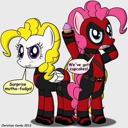 Size: 1200x1200 | Tagged: safe, artist:christiancerda, pinkie pie, surprise, g4, clothes, cosplay, costume, crossover, deadpool, marvel, pinkiepool