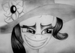 Size: 2182x1548 | Tagged: safe, artist:dragonkasser, rarity, g4, female, hat, monochrome, solo, traditional art