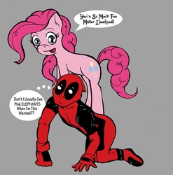 Size: 1758x1776 | Tagged: safe, artist:soulveiwinterfall, pinkie pie, earth pony, human, pony, g4, crossover, deadpool, deadpool is best pony, drunk, duo, gray background, ponies riding humans, riding, simple background