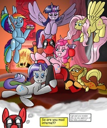 Size: 2440x2905 | Tagged: safe, artist:mr-darkblade, applejack, fluttershy, pinkie pie, rainbow dash, rarity, twilight sparkle, alicorn, pegasus, pony, unicorn, g4, crossover, crossover shipping, deadpool, deadpool gets all the mares, female, fireplace, harem, male, mare, pinkiepool (pairing), ponified, ponytail, shipping, straight, tail, tail wrap, twilight sparkle (alicorn)