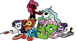 Size: 2100x1097 | Tagged: safe, artist:patroclusrex, applejack, fluttershy, pinkie pie, rainbow dash, rarity, spike, twilight sparkle, alicorn, pony, g4, crossover, deadpool, female, mare, twilight sparkle (alicorn)