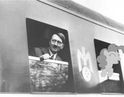 Size: 500x393 | Tagged: safe, pinkie pie, human, g4, adolf hitler, black and white, grayscale, irl, irl human, photo, train