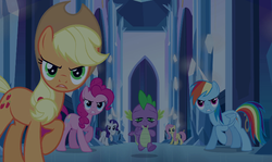 Size: 692x412 | Tagged: safe, screencap, applejack, fluttershy, pinkie pie, rainbow dash, rarity, spike, g4