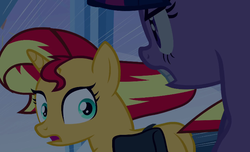 Size: 702x426 | Tagged: safe, screencap, sunset shimmer, twilight sparkle, pony, unicorn, equestria girls, g4