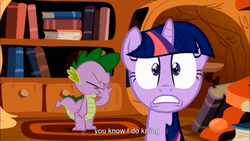Size: 750x422 | Tagged: safe, screencap, spike, twilight sparkle, pony, unicorn, g4, duo, duo male and female, facepalm, female, gritted teeth, horn, implied death, implied murder, male, mare, meme, teeth, youtube caption
