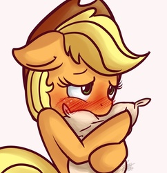 Size: 600x621 | Tagged: safe, artist:nolycs, applejack, earth pony, pony, g4, blushing, blushing profusely, cute, female, freckles, hat, jackabetes, mare, pillow, pillow hug, simple background, solo, white background