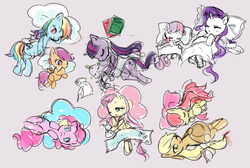 Size: 500x336 | Tagged: artist needed, dead source, safe, angel bunny, apple bloom, applejack, fluttershy, opalescence, pinkie pie, rainbow dash, rarity, scootaloo, spike, sweetie belle, twilight sparkle, cat, dragon, earth pony, pegasus, pony, rabbit, unicorn, g4, animal, apple sisters, blanket, book, cloud, colored background, cutie mark crusaders, female, filly, foal, lying down, mane seven, mane six, mare, parchment, parody, pen, pillow, reference, siblings, simple background, sisters, sleeping, sleeping together, tantei opera milky holmes, unicorn twilight
