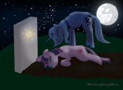 Size: 3504x2544 | Tagged: safe, artist:the-laughing-horror, princess celestia, princess luna, twilight sparkle, alicorn, pony, unicorn, g4, bad end, celestia is dead, crying, duo, female, grave, implied death, mare, mare in the moon, moon, s1 luna