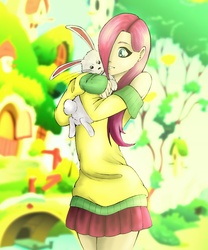 Size: 1600x1920 | Tagged: safe, artist:arucardpl, artist:robothehoobo, angel bunny, fluttershy, human, g4, clothes, female, fluttershy's cottage, hair over one eye, humanized, skirt