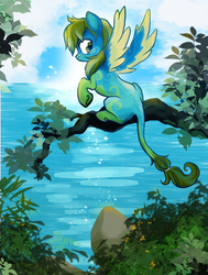 Size: 1276x1684 | Tagged: safe, artist:bedupolker, oc, oc only, oc:royal feather, pegasus, pony, beach, ocean, pegasus oc, solo, tail, tree, tree branch, water