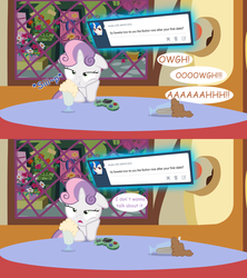 Size: 1280x1440 | Tagged: safe, artist:jan, button mash, sweetie belle, pony, unicorn, ask the crusaders, button's adventures, g4, ask, brain freeze, female, floating tumblr question, milkshake, solo, table, tumblr