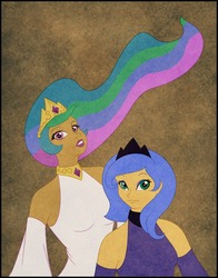 Size: 790x1010 | Tagged: safe, artist:prettykitty, princess celestia, princess luna, human, g4, humanized, s1 luna