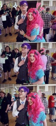 Size: 853x1920 | Tagged: safe, artist:glasmond, pinkie pie, rarity, human, galacon, galacon 2013, g4, clothes, convention, cosplay, elusive, glasses, irl, irl human, necktie, photo, rule 63, vest