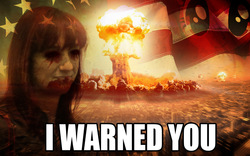 Size: 1280x800 | Tagged: safe, twilight sparkle, human, g4, blood, doom faust, doom paul, explosion, eyes, flag, image macro, irl, irl human, lauren faust, meme, mushroom cloud, nuclear weapon, photo, twilight sparkle (alicorn), united states