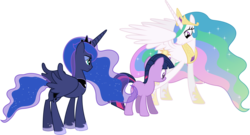 Size: 8970x4840 | Tagged: safe, artist:90sigma, princess celestia, princess luna, twilight sparkle, alicorn, pony, unicorn, g4, absurd resolution, horn, simple background, transparent background, unicorn twilight, vector, wings