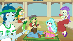 Size: 576x324 | Tagged: safe, screencap, captain planet, paisley, sandalwood, sweet leaf, equestria girls, g4, my little pony equestria girls, animated, background human, banana, bongos, gif, musical instrument, watermelon