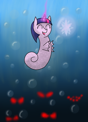 Size: 3200x4400 | Tagged: safe, artist:mmadhu94, twilight sparkle, sea pony, g4, eyes in the dark, female, high res, hilarious in hindsight, magic, red eyes, request, seaponified, seapony twilight, smiling, solo, species swap, underwater