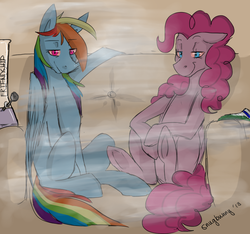 Size: 800x750 | Tagged: safe, artist:snugbunny, pinkie pie, rainbow dash, g4, sitting, stoned