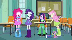 Size: 576x324 | Tagged: safe, screencap, fluttershy, pinkie pie, rarity, spike, twilight sparkle, alicorn, dog, equestria girls, g4, my little pony equestria girls, animated, gif, incomplete twilight strong, spike the dog, twilight sparkle (alicorn)